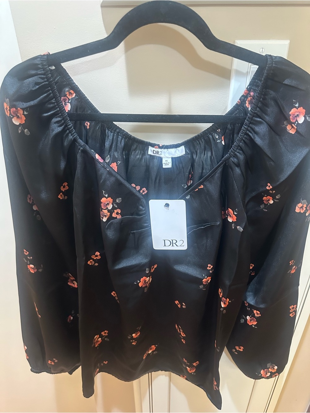 DR2 Black Satin Floral Peasant Tunic